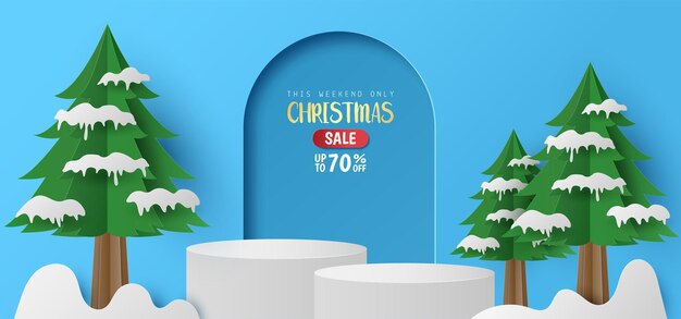 Corte de papel de podio cilíndrico blanco para productos presentación de exhibición con árbol de Navidad sobre fondo azul Feliz Navidad y feliz año nuevo Ilustración vectorial