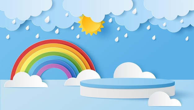 Corte de papel de podio cilíndrico para la presentación de productos con nubes de sol gotas de lluvia y arco iris Ilustración vectorial