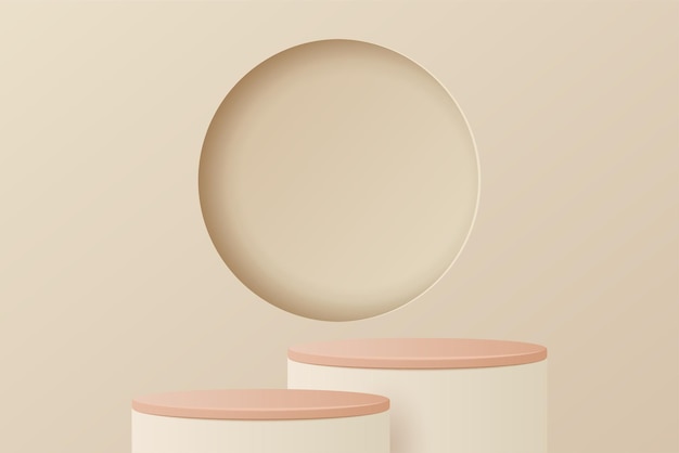 Corte de papel de rosa y beige soporte de cilindro 3D podio formas geométricas de lujo vectorial escena mínima abstracta para presentación de producto maqueta de espectáculo cosmético