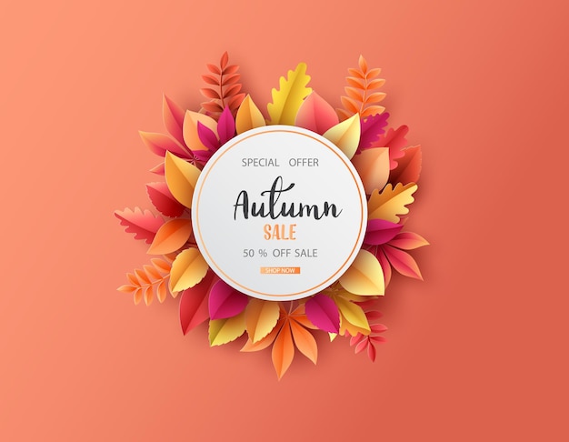 Corte de papel de la temporada de otoño, coloridas hojas de otoño en el fondo. Ilustración vectorial.