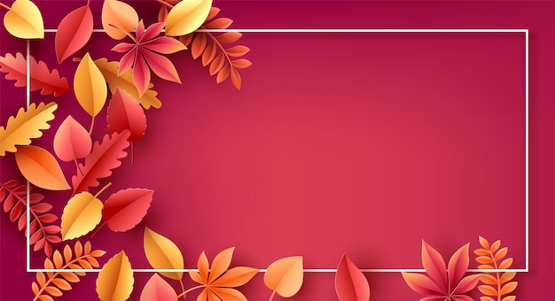Corte de papel de la temporada de otoño, coloridas hojas de otoño en el fondo. Ilustración vectorial.