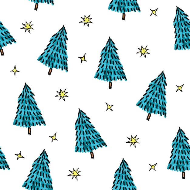 Corte el patrón sin costuras de Navidad con abetos azules y estrellas amarillas Textura simple de Navidad Patrón de Navidad Árboles de Navidad Papel de regalo