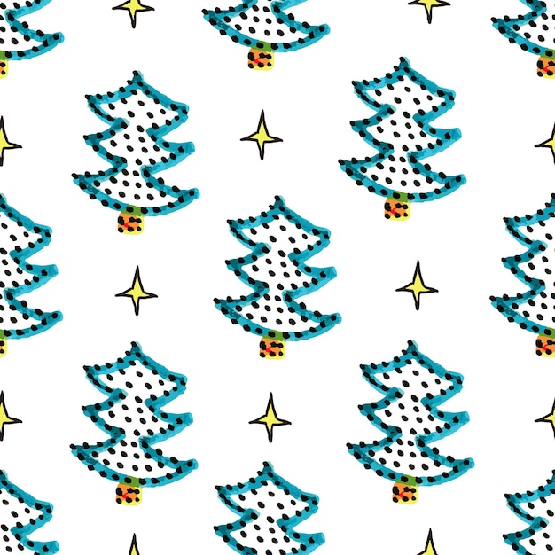 Corte el patrón sin costuras de Navidad con abetos azules y estrellas amarillas Textura simple de Navidad Patrón de Navidad Árboles de Navidad Papel de regalo