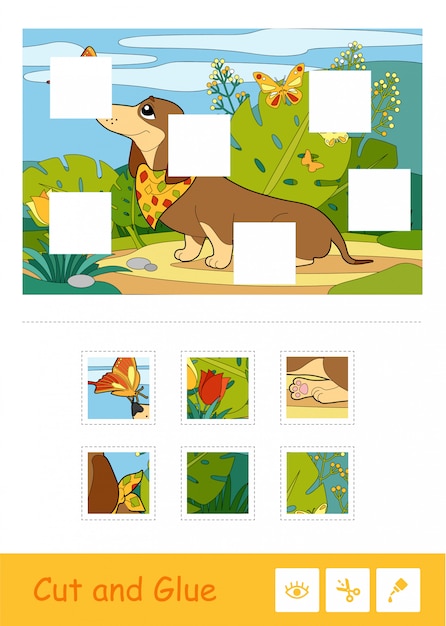 Corte y pegue el juego de aprendizaje de rompecabezas para niños con la imagen en color de un perro jugando con mariposas en un prado. animales domésticos y actividad educativa personal para niños.