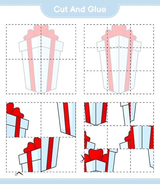 Corte y pegue partes cortadas de la caja de regalo y péguelas Ilustración de vector de hoja de trabajo imprimible del juego educativo para niños