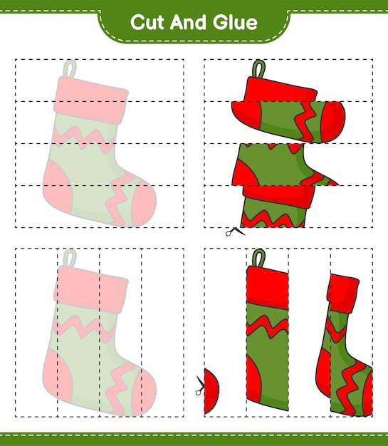 Corte y pegue partes cortadas del calcetín de navidad y péguelas juego educativo para niños hoja de cálculo imprimible ilustración vectorial