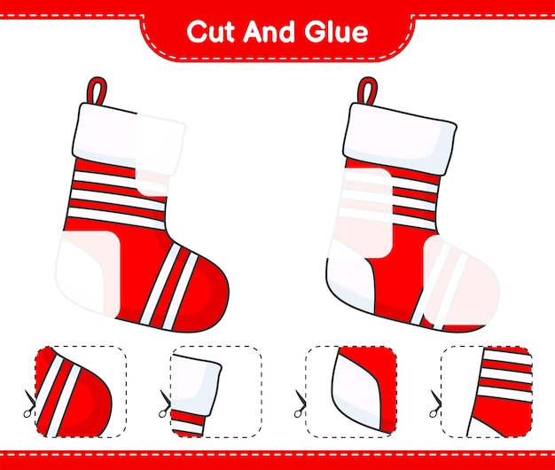 Corte y pegue partes cortadas del calcetín de Navidad y péguelas Juego educativo para niños hoja de cálculo imprimible ilustración vectorial