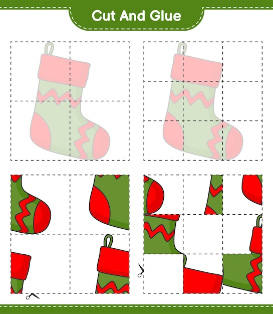 Corte y pegue partes cortadas del calcetín de Navidad y péguelas Juego educativo para niños hoja de cálculo imprimible ilustración vectorial