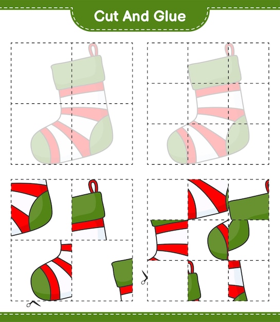 Corte y pegue partes cortadas del calcetín de Navidad y péguelas Juego educativo para niños hoja de cálculo imprimible ilustración vectorial