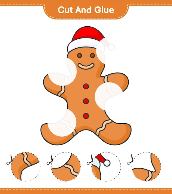 Corte y pegue partes cortadas de gingerbread man y péguelas juego educativo para niños hoja de cálculo imprimible ilustración vectorial