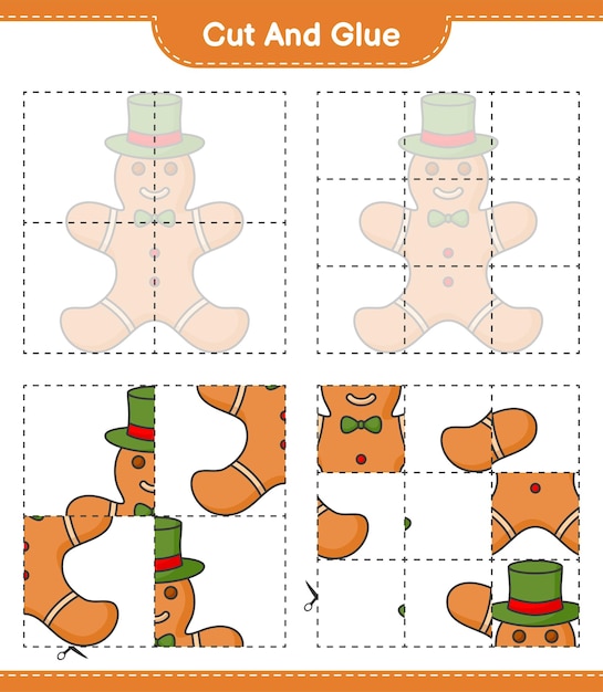 Corte y pegue partes cortadas de gingerbread man y péguelas juego educativo para niños hoja de cálculo imprimible ilustración vectorial