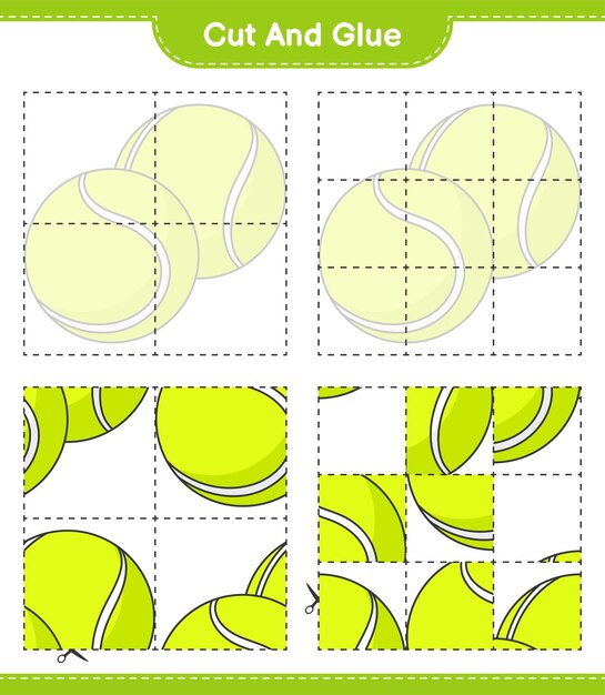 Corte y pegue partes cortadas de la pelota de tenis y péguelas juego educativo para niños hoja de cálculo imprimible ilustración vectorial
