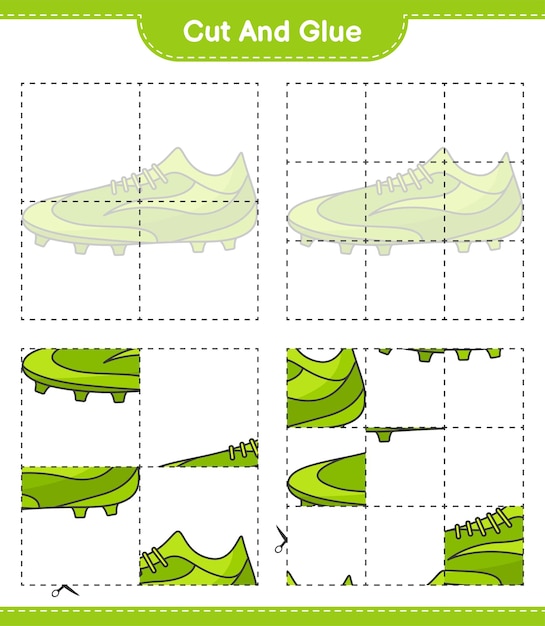 Corte y pegue partes cortadas de los zapatos de fútbol y péguelos Juego educativo para niños hoja de trabajo imprimible ilustración vectorial