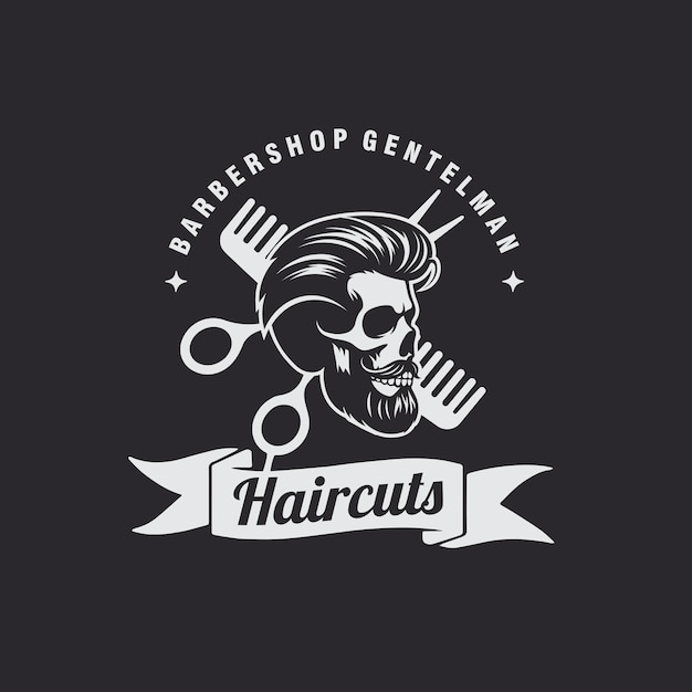 Vector corte de pelo de barbería del cráneo logotipo vintage ilustración gráfica vectorial