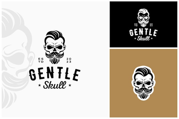 Vector corte de pelo con estilo, caballero, bigote, calavera, para, hipster, peluquero, barbería, peinado, logotipo retro vintage