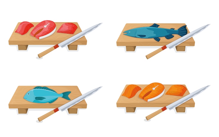 Vector corte el rollo de atún y el pez salmón en el concepto de madera aislado en blanco, ejemplo del tablero de la cocina de la historieta.