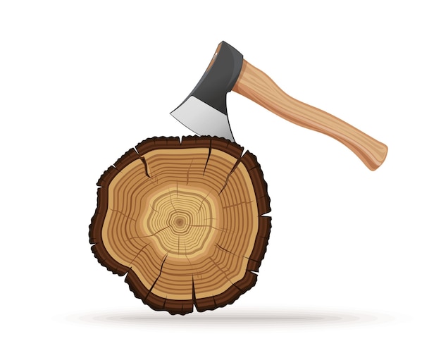 Corte seccional de un árbol y un hacha aislado en un fondo blanco