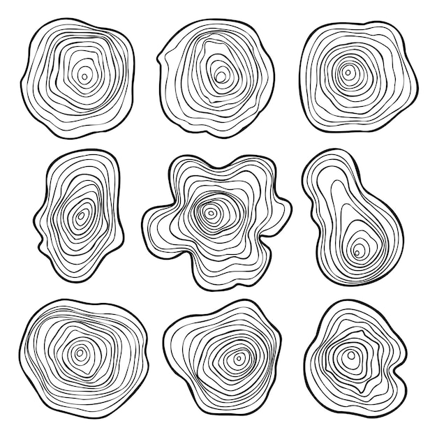 Corte de tronco de árbol anillos de árbol abstracto conjunto anillos ondulados de la vida círculos concéntricos dibujados a mano edad de la madera