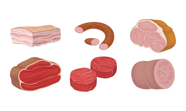 Cortes de carne en variedad con asado de costillas y conjunto vectorial de placas de tocino