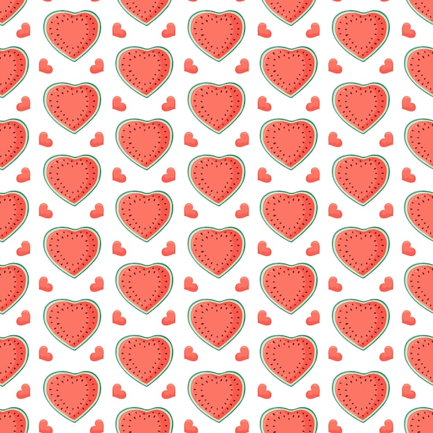 Cortes de sandía en forma de corazón patrón sin costuras Ilustración vectorial de frutas de verano Fondo de frutas tropicales para el día de San Valentín tela para bebés niños embalaje textil envoltura papel tapiz de libro de recortes