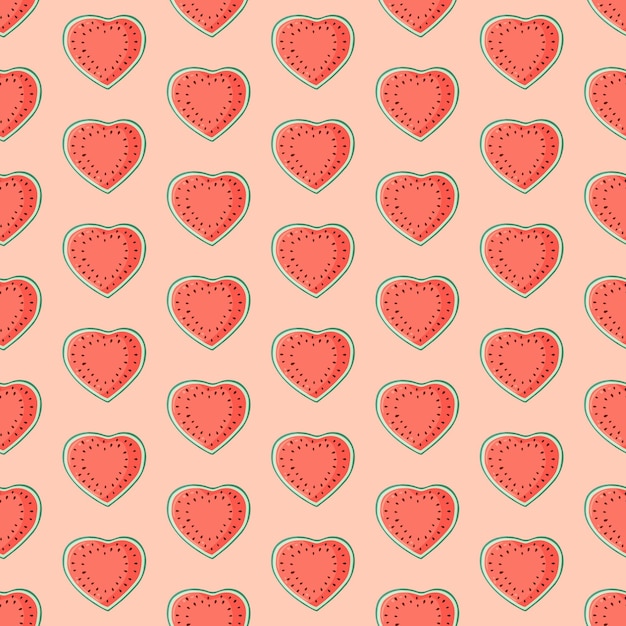 Cortes de sandía en forma de corazón patrón sin costuras Ilustración vectorial de frutas de verano Fondo de frutas tropicales para el día de San Valentín tela para bebés niños embalaje textil envoltura papel tapiz de libro de recortes