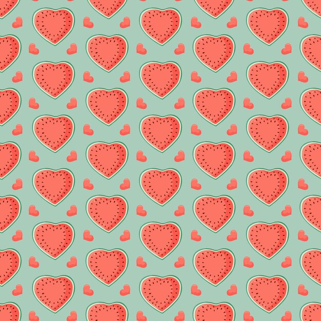 Cortes de sandía en forma de corazón patrón sin costuras Ilustración vectorial de frutas de verano Fondo de frutas tropicales para el día de San Valentín tela para bebés niños embalaje textil envoltura papel tapiz de libro de recortes