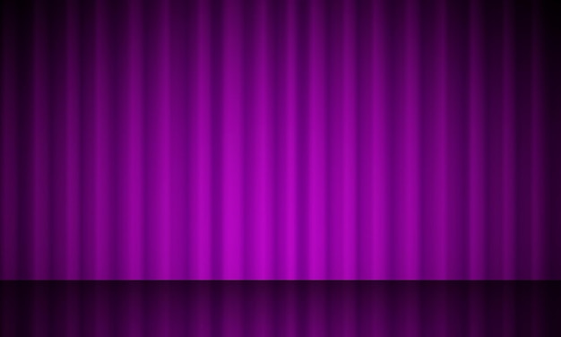 Vector cortina cerrada teatral púrpura realista de material brillante con reflejo en el vector del piso del escenario