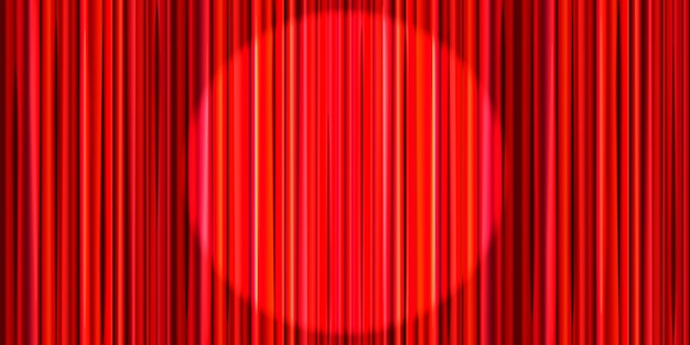 Cortina roja brillante con iluminación de foco redondo, fondo de escenario de teatro retro