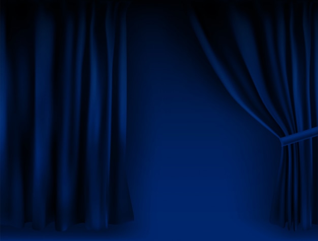 Cortina de terciopelo azul colorido realista doblada. Opción de cortina en casa en el cine. Ilustración.