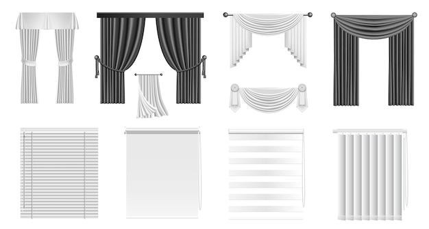 Vector cortinas ciegas rollo vertical de ventana realista y maqueta de cortinas interiores sombrilla de plástico y aluminio cortina elegante de sala de estar textil colgante aislado conjunto de persianas cerradas de vector