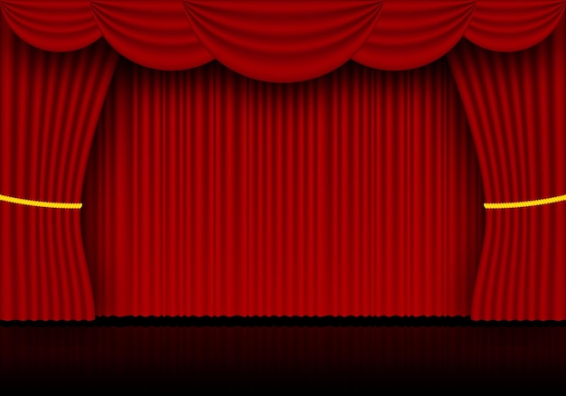 Cortinas de escenario de ópera, cine o teatro de cortina roja. Foco sobre fondo de cortinas de terciopelo cerrado. Ilustración vectorial