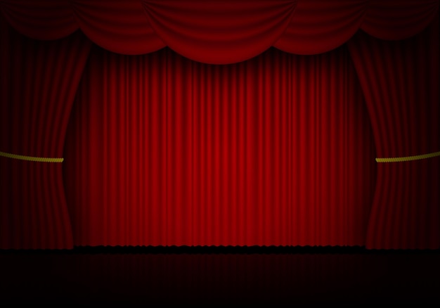 Cortinas de escenario de ópera, cine o teatro de cortina roja. Foco sobre fondo de cortinas de terciopelo cerrado. Ilustración vectorial