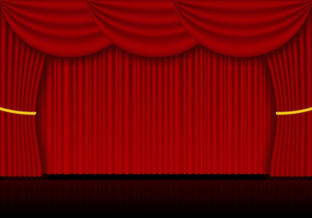 Cortinas de escenario de ópera, cine o teatro de cortina roja. Foco sobre fondo de cortinas de terciopelo cerrado. Ilustración vectorial