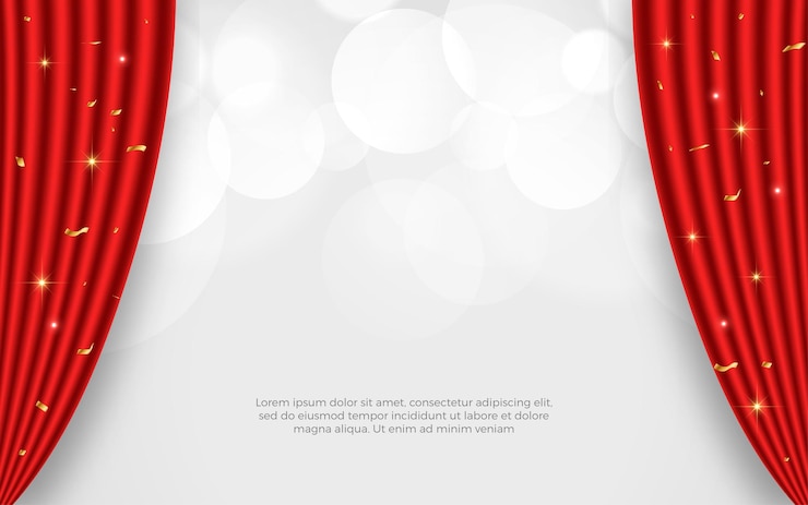 Vector cortinas rojas 3d realistas con fondo de escena de teatro de fondo vectorial con elementos dorados
