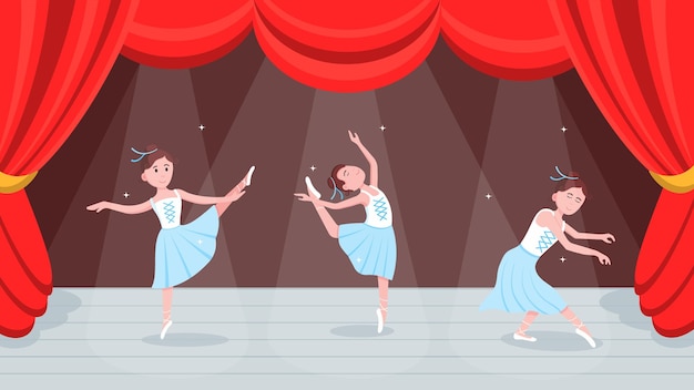 Cortinas rojas abiertas teatro o escena de baile de ballet con precios cortinas paisaje y 3 jóvenes bailarinas