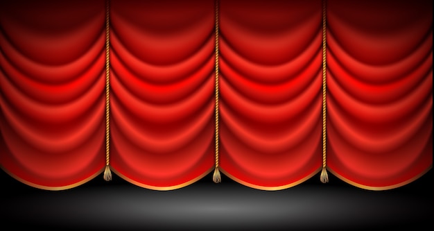 Cortinas rojas cerradas con cuerdas doradas y borlas, stand up, fondo de espectáculo de ópera o teatro.