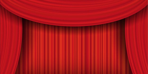 Cortinas rojas realistas, cortina cerrada de lujo. Cortinas teatrales, decoración interior de tela, cortinas, textil, lambrequin. Ilustración vectorial