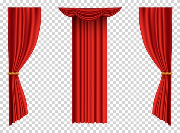 Cortinas rojas realistas. Decoración de seda de tela de teatro para cine o sala de ópera. Objeto de decoración de interiores de cortinas y cortinas. Aislado en transparente para escenario de teatro.