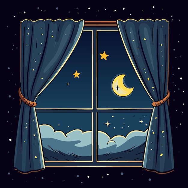 Cortinas de la ventana noche fuera luna estrellas hogar sueño descanso vector tema