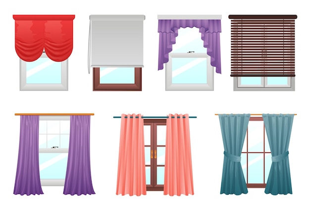 Vector cortinas en las ventanas decoración interior de dibujos animados textiles colgantes interiores para la cocina y la sala de estar varios tipos de cortinas persianas y persianas enrollables conjunto de decoración vectorial para el hogar o la oficina