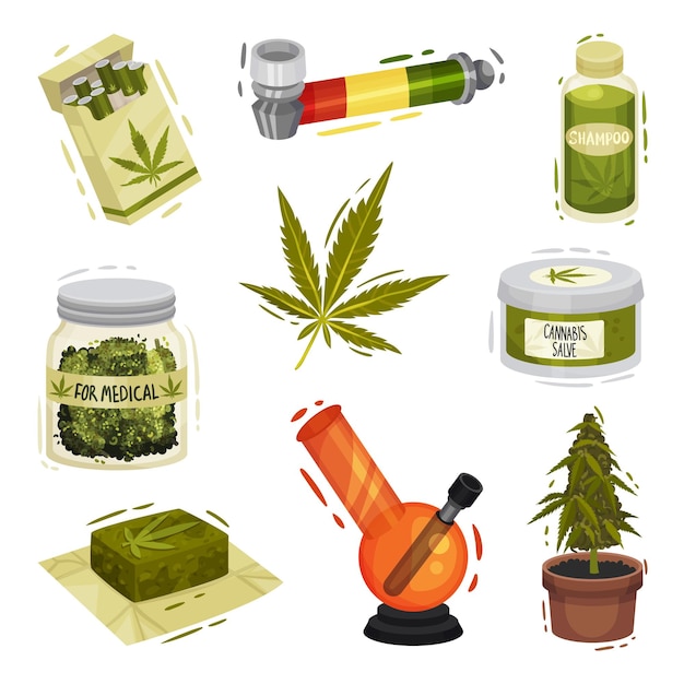 Cosas y artículos de plantas de cannabis conjunto ilustrado vectorial de pipa y bong para fumar y cosméticos para el uso de conceptos naturales orgánicos