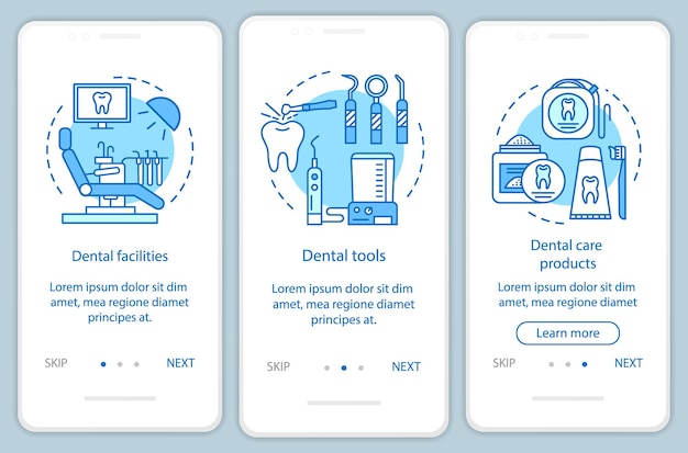 Cosas dentales que incorporan la pantalla de la página de la aplicación móvil con conceptos lineales. Odontología. Instrucciones gráficas de los pasos del tutorial de higiene dental y terapia. UX, UI, plantilla vectorial GUI con ilustraciones