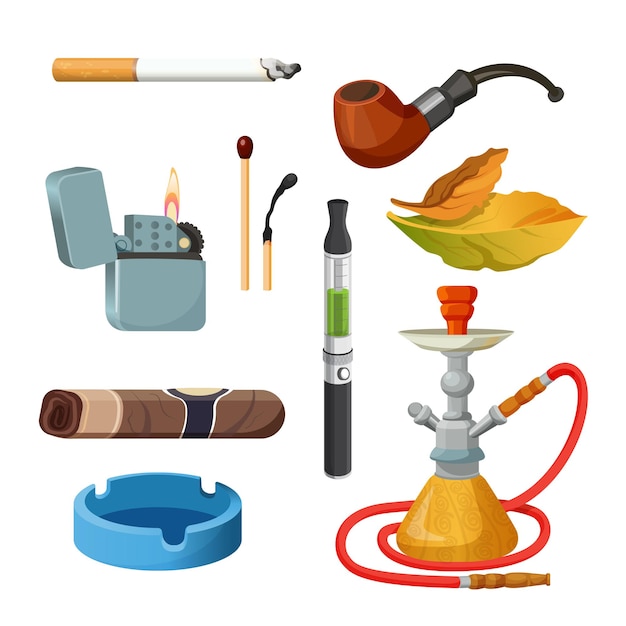 Cosas para fumar colección colorida realista en blanco. Conjunto de dibujos de tabaco y fumar. cartel de cigarrillos, puros, narguiles, hojas de tabaco, pipa ceremonial, encendedor y cenicero.