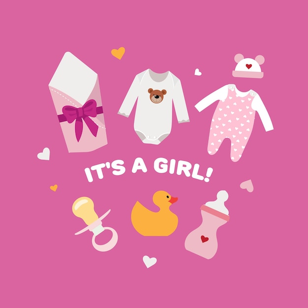 Cosas para una niña recién nacida Ilustración en estilo plano