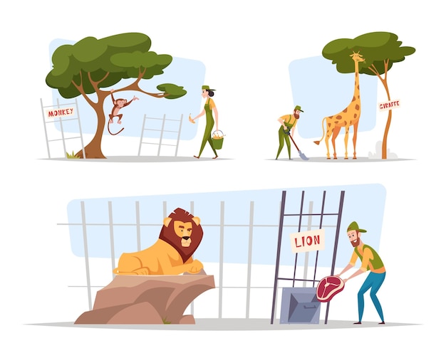 Cosas del zoológico Las personas que trabajan en el zoológico cuidan y alimentan a los animales mono oso jirafa león conjunto de ilustraciones de dibujos animados vectoriales exactos