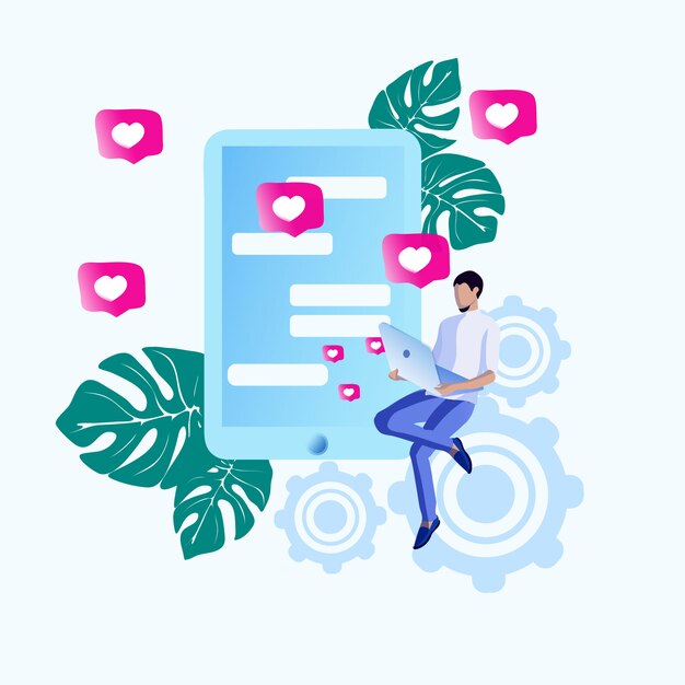 Cosecha informativa de marketing de dibujos animados. Actividades empresariales en relación con los mercados. Hombre con laptop lee mensajes y pone corazones. En primer plano Smartphone con mensajes.