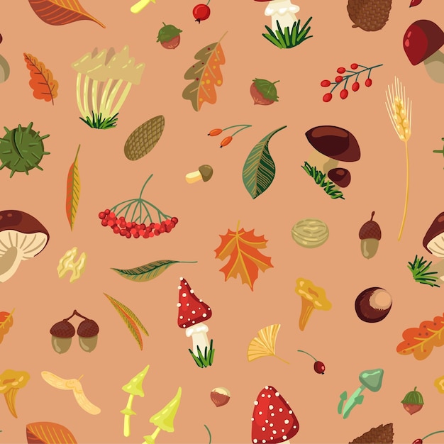 Cosecha de otoño vector de patrones sin fisuras Setas nueces hojas baya Otoño ornamento en estilo de dibujos animados Diseño abstracto para fondo papel tapiz decoración textil