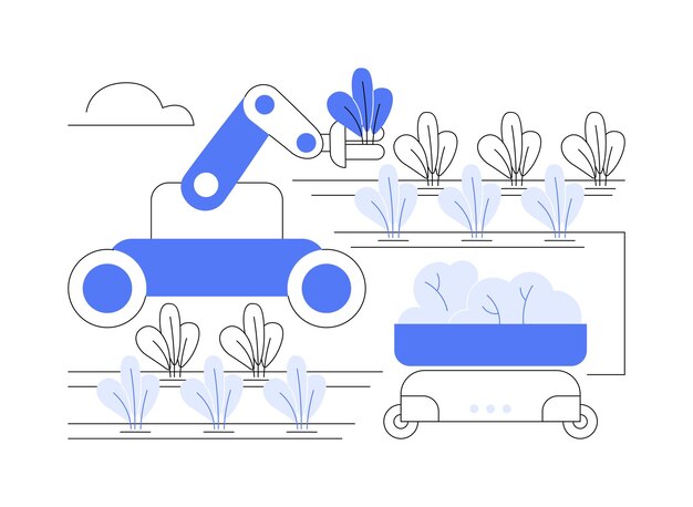 Cosecha y recolección de robots ilustraciones de vectores de dibujos animados aislados