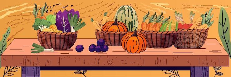 Vector la cosecha de verduras escena de otoño coloridas producir cestas calabazas mesa fondo vibrante diseño rústico