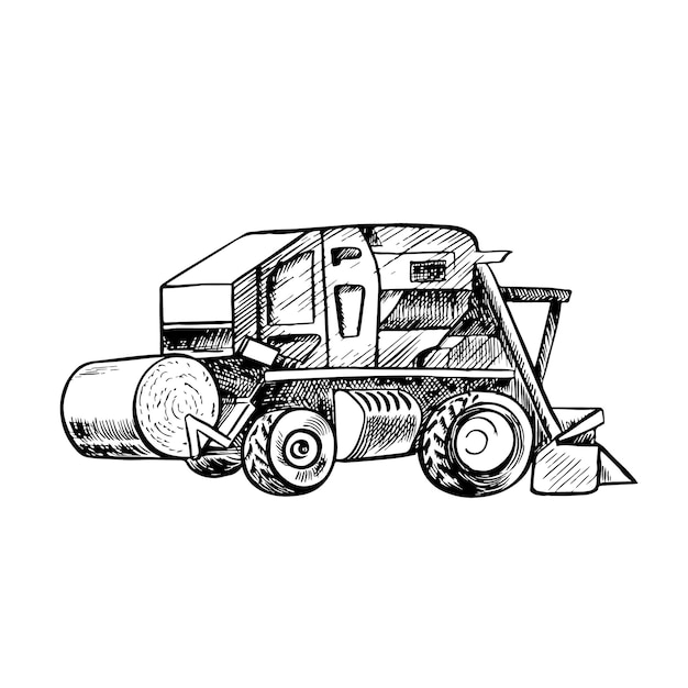 Cosechadora de algodón Ilustración gráfica vectorial en blanco y negro dibujada a mano